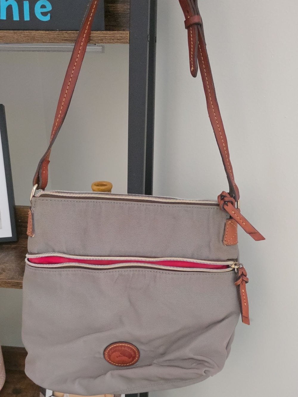 Dooney & Bourke Beige and Brown Crossbody Shoulder Bag with Red Accent